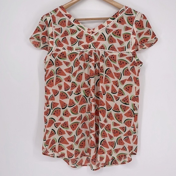 Anthropologie Maeve Women’s Picnic Days Watermelon Blouse Top Size 6 Cap Sleeve - Picture 8 of 9